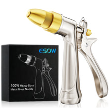 Load image into Gallery viewer, ESOW Garden Hose Nozzle, 100% Heavy Duty Metal Spray Gun with Full Brass Nozzle, 4 Watering Patterns Watering Nozzle- High Pressure Rear Trigger Design for Watering Plants, Car Wash and Showering Dog
