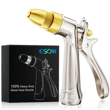 Load image into Gallery viewer, ESOW Garden Hose Nozzle, 100% Heavy Duty Metal Spray Gun with Full Brass Nozzle, 4 Watering Patterns Watering Nozzle- High Pressure Rear Trigger Design for Watering Plants, Car Wash and Showering Dog
