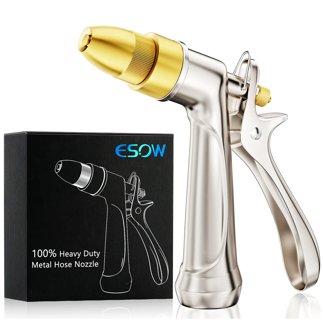 ESOW Garden Hose Nozzle, 100% Heavy Duty Metal Spray Gun with Full Brass Nozzle, 4 Watering Patterns Watering Nozzle- High Pressure Rear Trigger Design for Watering Plants, Car Wash and Showering Dog