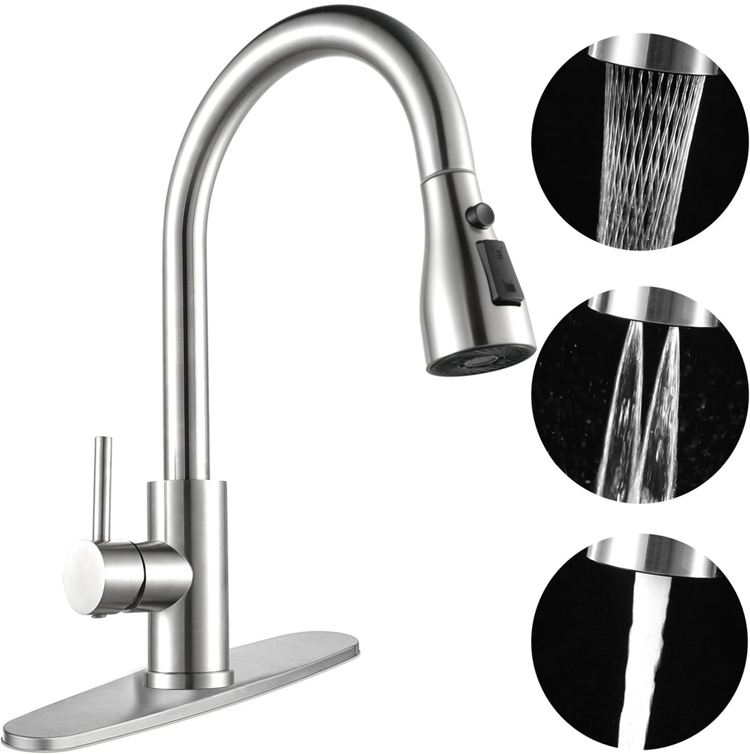 ESOW High Arc Kitchen Faucet with Pull Down Sprayer, Single Handle Kitchen Sink Faucet with Deck Plate, 3 Function Watering Modes Commercial Modern rv, SUS304 Stainless Steel Brushed Nickel Finish