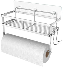 Load image into Gallery viewer, ESOW Paper Towel Holder with Shelf Storage, Adhesive Wall Mount 2-in-1 Basket Organizer for Kitchen &amp; Bathroom, Durable Metal Wire Design, Stainless Steel 304 Brushed Nickel Finish
