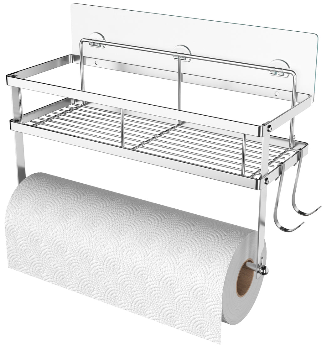 ESOW Paper Towel Holder with Shelf Storage, Adhesive Wall Mount 2-in-1 Basket Organizer for Kitchen & Bathroom, Durable Metal Wire Design, Stainless Steel 304 Brushed Nickel Finish