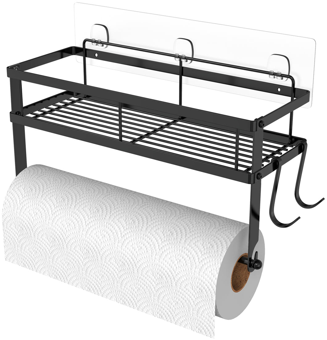 ESOW Paper Towel Holder with Shelf Storage, Adhesive Wall Mount 2-in-1 Basket Organizer for Kitchen & Bathroom, Durable Metal Wire Design, Stainless Steel 304 Matte Black Finish