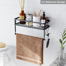 Load image into Gallery viewer, ESOW Paper Towel Holder with Shelf Storage, Adhesive Wall Mount 2-in-1 Basket Organizer for Kitchen &amp; Bathroom, Durable Metal Wire Design, Stainless Steel 304 Matte Black Finish
