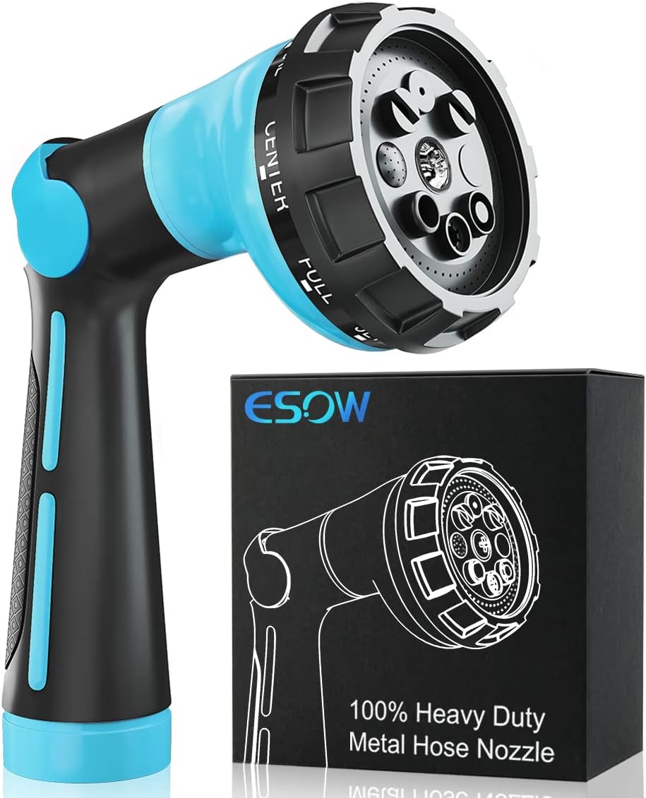 ESOW Garden Hose Nozzle 100% Heavy Duty Metal, Water Hose Sprayer with 8 Watering Patterns, Thumb Control On Off Valve, High Pressure Nozzle Sprayer for Watering Plants, Car and Pet Washing, Blue