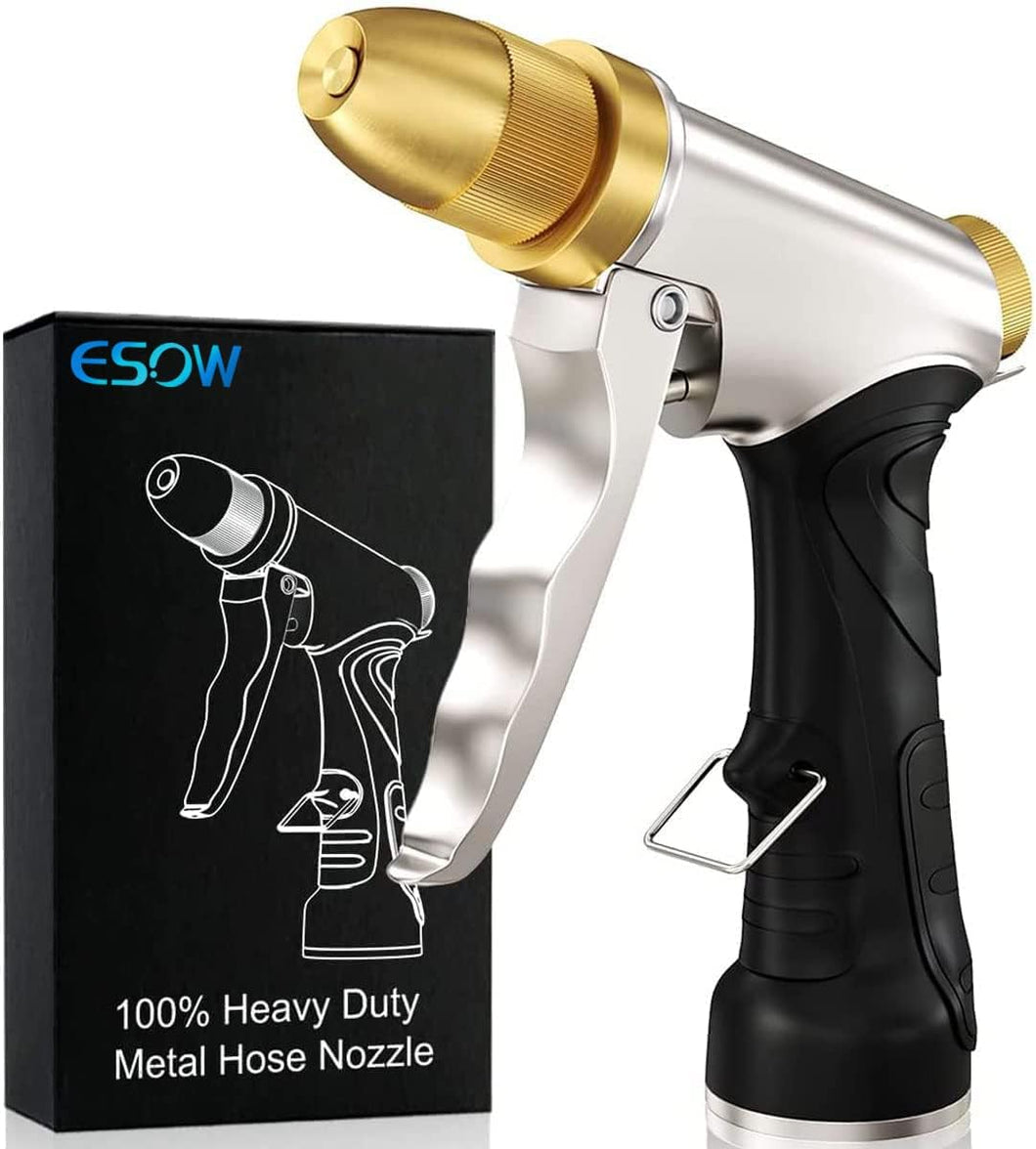 ESOW Garden Hose Nozzle 100% Heavy Duty Metal, Full Brass Nozzle & ABS Non-slip Ergonomic Grip, 4 Watering Patterns, High Pressure Metal Spray Gun for Watering Plants, Car Wash and Showering Dog