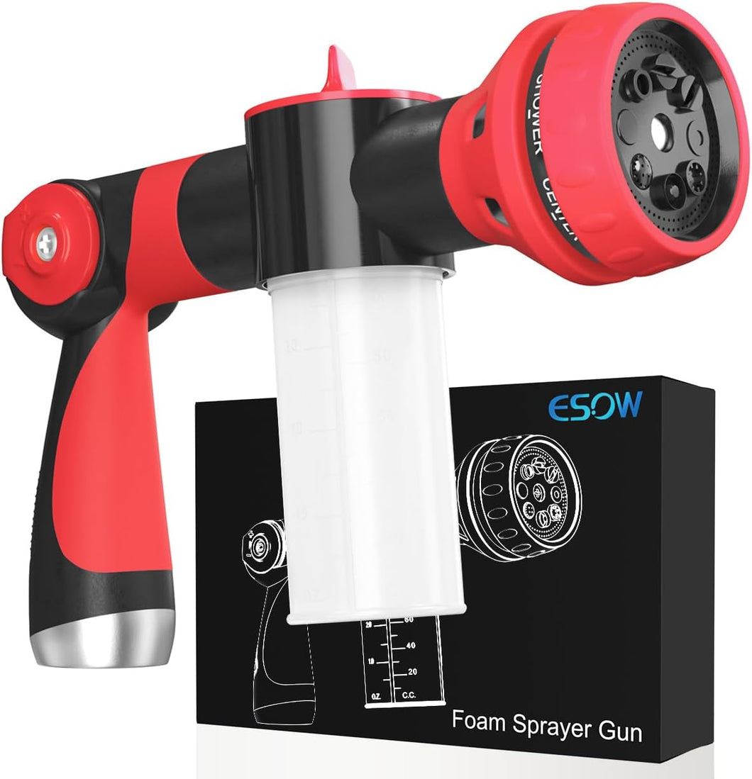 ESOW Garden Hose Nozzle, High Pressure Foam Sprayer Gun 8 Way Spray Pattern with 3.5oz/100cc Soap Dispenser Bottle, Snow Foam Gun for Car Wash, Watering Plants, Lawn, Patio, Red