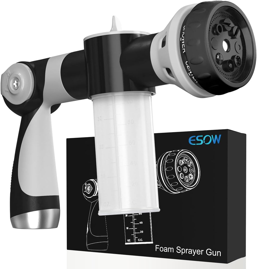 ESOW Garden Hose Nozzle, High Pressure Foam Sprayer Gun 8 Way Spray Pattern with 3.5oz/100cc Soap Dispenser Bottle, Snow Foam Gun for Car Wash, Watering Plants, Lawn, Patio, Gray