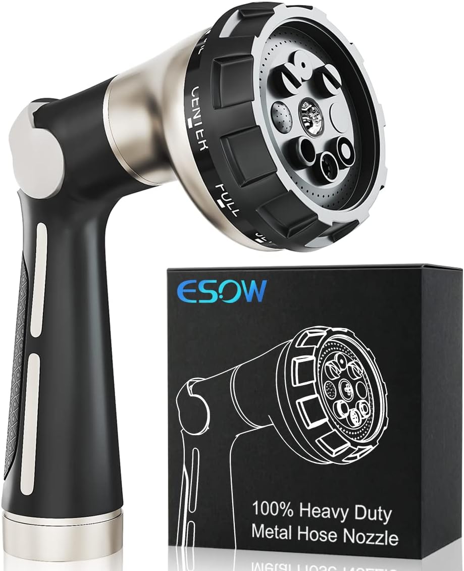 ESOW Garden Hose Nozzle 100% Heavy Duty Metal, Water Hose Sprayer with 8 Watering Patterns, Thumb Control On Off Valve, High Pressure Nozzle Sprayer for Watering Plants, Car and Pet Washing, Black