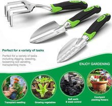 Load image into Gallery viewer, ESOW Garden Tool Set, 3 Piece Cast-Aluminum Heavy Duty Gardening Kit Includes Hand Trowel, Transplant Trowel and Cultivator Hand Rake with Soft Rubberized Non-Slip Ergonomic Handle, Garden Gifts
