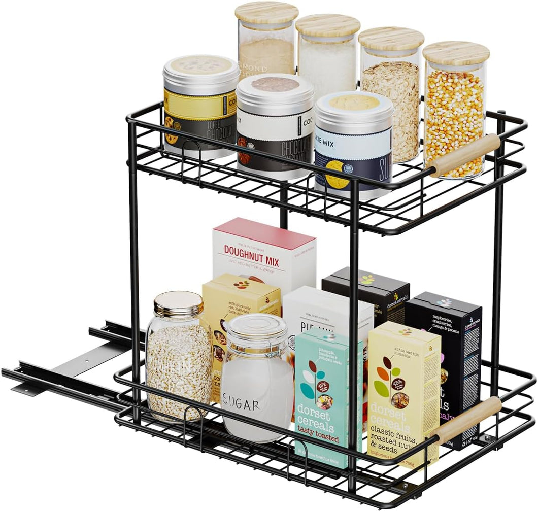 ESOW Pull Out Cabinet Organizer with 2 Tier, Heavy Duty Under Sink Slide Out Storage Shelf with Wooden Handle in Kitchen, Bathroom, Pantry, 12.79