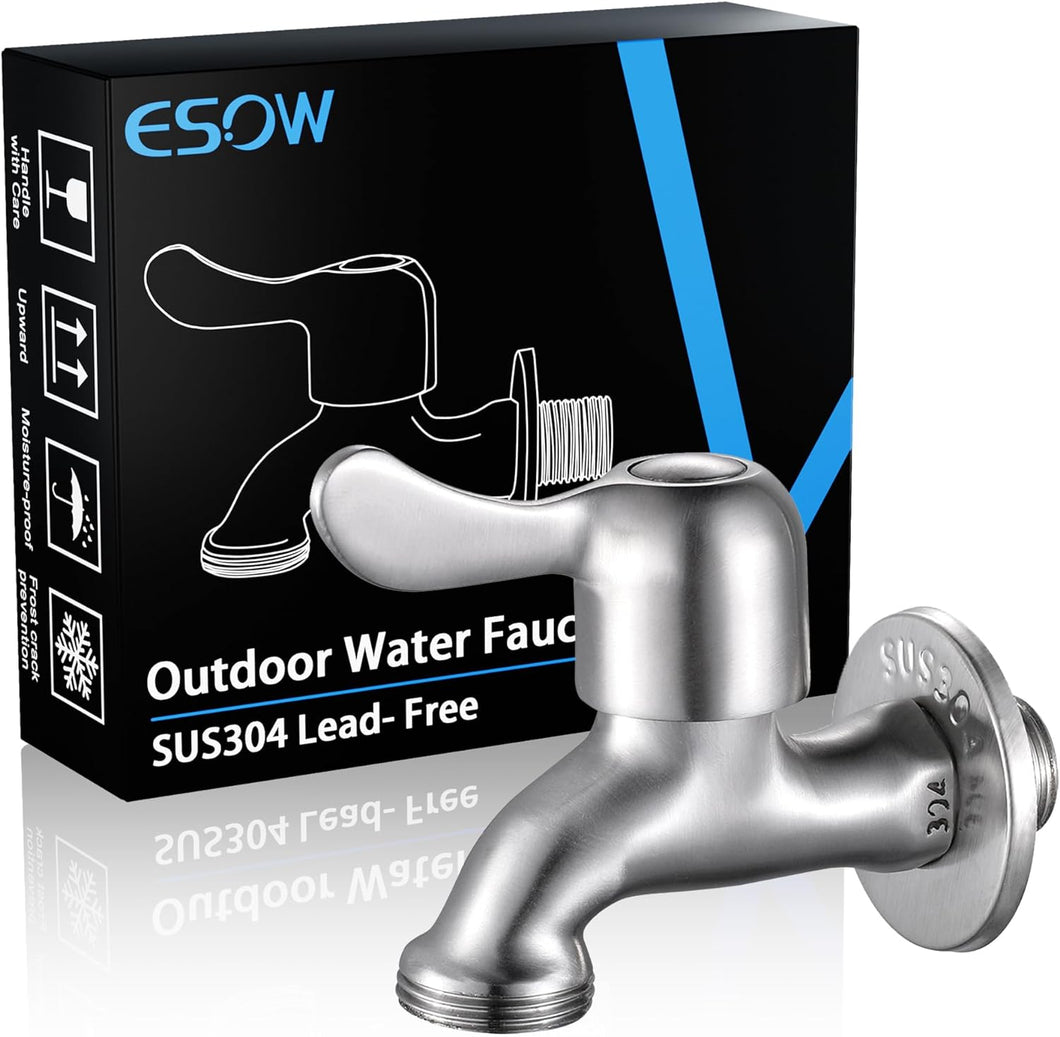 ESOW Outdoor Water Faucet SUS304 Lead- Free, Solid Irrigation Hose Bibb, 1/2 Inch MIP Connection x 3/4 Inch MHT Connection, Frost-Proof Outside Spigot for Home, Balcony, Hose Connector, Brushed Nickel