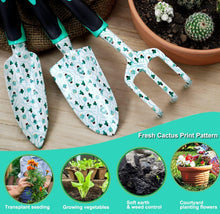 Load image into Gallery viewer, ESOW Garden Tool Set with Non-Slip Rubber Handle, 3 Piece Cast-Aluminum Heavy Duty Gardening Kit Includes Hand Trowel, Transplant Trowel and Cultivator Hand Rake, Cactus Pattern
