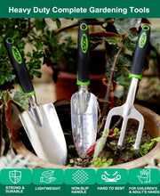 Load image into Gallery viewer, ESOW Garden Tool Set, 3 Piece Cast-Aluminum Heavy Duty Gardening Kit Includes Hand Trowel, Transplant Trowel and Cultivator Hand Rake with Soft Rubberized Non-Slip Ergonomic Handle, Garden Gifts
