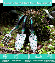 Load image into Gallery viewer, ESOW Garden Tool Set with Non-Slip Rubber Handle, 3 Piece Cast-Aluminum Heavy Duty Gardening Kit Includes Hand Trowel, Transplant Trowel and Cultivator Hand Rake, Cactus Pattern
