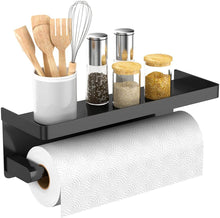 Load image into Gallery viewer, ESOW Paper Towel Holder Wall Mounted for Kitchen 13 in, Paper Towel Roll Rack with Storage Shelf Space, Both Available in Adhesive and Screws, SUS304 Stainless Steel (Matte Black)
