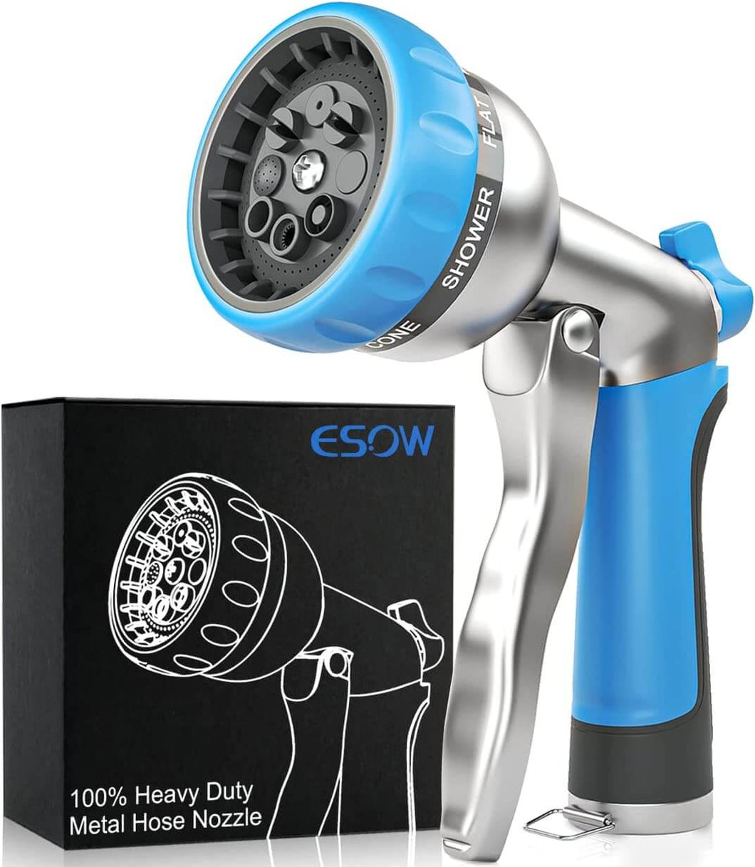 ESOW Garden Hose Nozzle Heavy Duty, 8 Adjustable Patterns Metal Water Hose Nozzle, High Pressure Hand Sprayer with Flow Control, Best for Watering Plant & Lawn, Pets Shower, Car Washing, Sky Blue